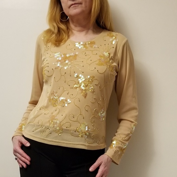 Juliet Tops - JULIET Sequins on Nude Netting Top Sz Small